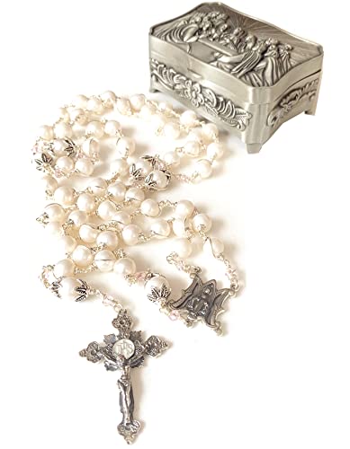 elegantmedical Handmade Sterling Silver White Pearl Beads Catholic Rosary Necklace Cross Crucifix Gift Box