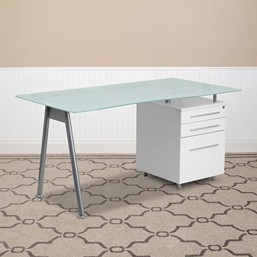 EMMA + OLIVER White Computer Desk with Glass Top and Three Drawer Pedestal