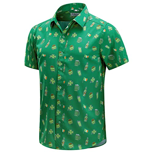 ENVMENST Mens St.Patrick's Day Shirt Irish Clover Printed Casual Short Sleeve Hawaiian Button Up Shirts(Green-XL)