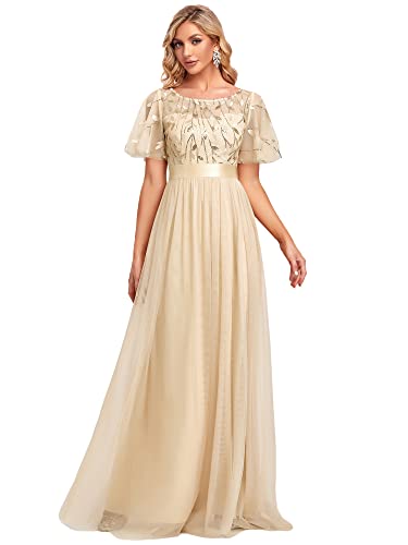 Ever-Pretty Women's Plus Size A-Line Empire Waist Embroidery Evening Prom Dress Champagne US16