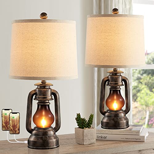 Farmhouse Lantern Table Lamps for Living Room Set of 2, Vintage Bedroom Resin Lamp with Dual USB Charging Ports, Rustic Retro Bedside Nightstand Desk Lamp, Linen Fabric Shade, 4 Bulb Included (Bronze)