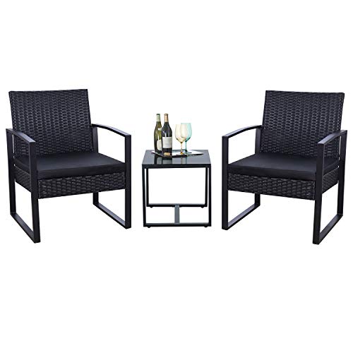 Flamaker 3 Pieces Patio Set Outdoor Wicker Furniture Sets Modern Rattan Chair Conversation Sets with Coffee Table for Yard and Bistro (Black)