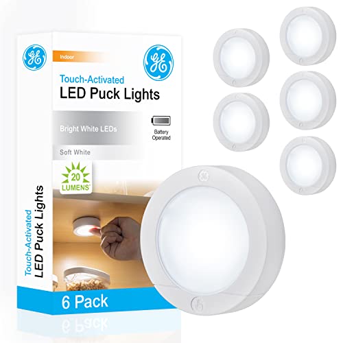 GE Wireless LED Puck Lights, 6 Pack, Battery Operated, 20 Lumens, Touch Light, Tap Light, Stick On Lights, Under Cabinet Lighting, Ideal for Kitchen Cabinets, Closets, Garage and More, 45994