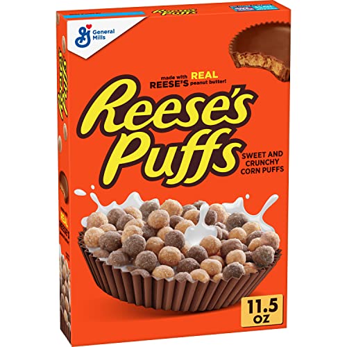 General Mills Reese's Puffs Chocolatey Peanut Butter Cereal, Kids Breakfast Cereal Made With Whole Grain Corn, 11.5 oz Box