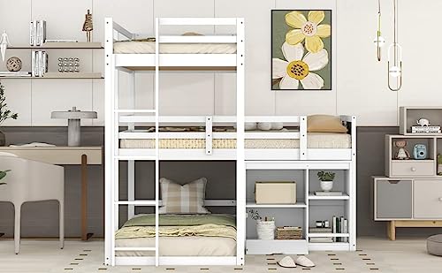 GLORHOME Twin Size L-Shaped Triple Bunk Bed with Storage Cabinet, Blackboard, and Ladder for Kids - Space-Saving and Functional Design