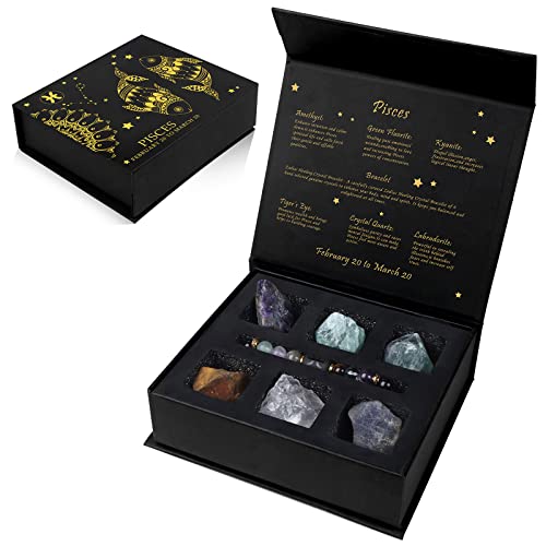 GolbalJew Pisces Crystals Gift Set, Zodiac Signs Healing Crystals Birthstones with Horoscope Box Set Pisces Astrology Crystal Bracelet Healing Stones Gifts