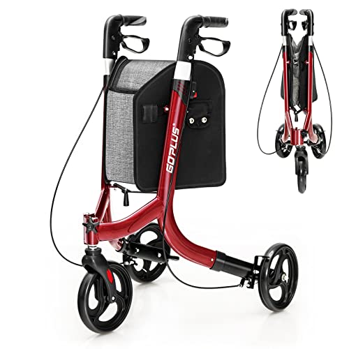 Goplus 3 Wheel Walker for Seniors, Foldable Rollator Walker with Three Wheels, Lightweight Trio Walker with Height Adjustable Handles, Basket Bag, Brakes, Narrow Walker for Small Spaces