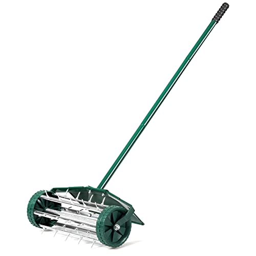 GYMAX Lawn Aerator, Rolling Aerator with Fender, Anti-Slip Handle & Tine Spikes, Push Plugger Aerator for Garden, Backyard Maintenance, Soil Grass Manual Aerator Tool (with Fender)