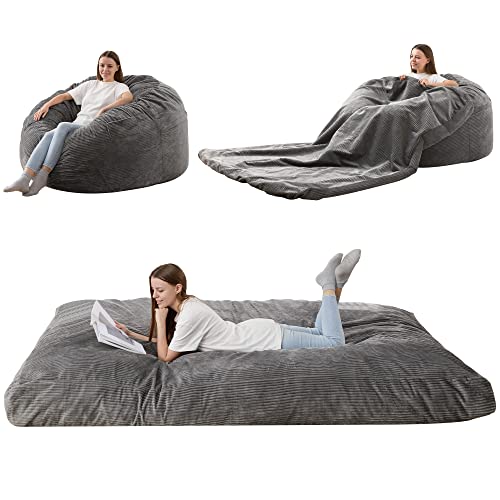 HABUTWAY Giant Bean Bag Chairs/Bean Bag Bed with Washable Corduroy Cover Ultra Soft, Convertible Bean Bag from Chair to Mattress, Huge Cordoroys Bean Bags for Adult, Couples, Family-Charcoal Queen