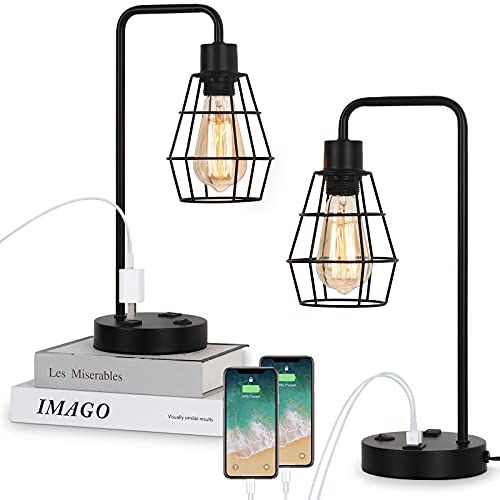 HAITRAL Industrial Table Lamps Set of 2 - Modern Black Bedside Lamp with Dual USB Charging Ports and AC Outlet, Vintage Farmhouse Lamp with Metal Cage Shade for Bedroom, Office, Living Room