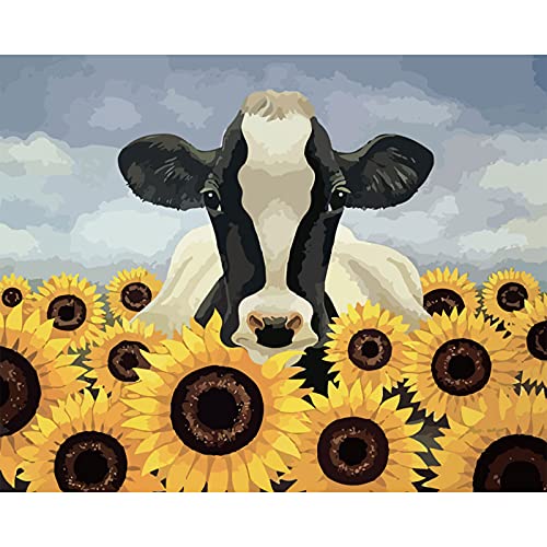 Hlison Paint by Numbers, Paint by Numbers for Adults Beginner on Canvas, Acrylic Paint by Number for Adults for Gift Decoration, Easy Paint by Numbers for Kids - Sunflower Cow 20”W x 16”L