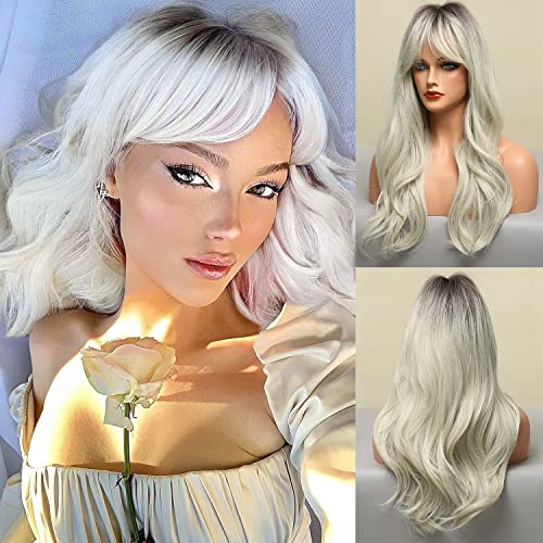 Honygebia Platinum Blonde Wig with Bangs - Long Wavy Ombre Silver with Dark Roots, Platinum Grey Wigs for Women, Heat Resistant Synthetic Hair for Thanksgiving/Christmas/Cosplay/Party