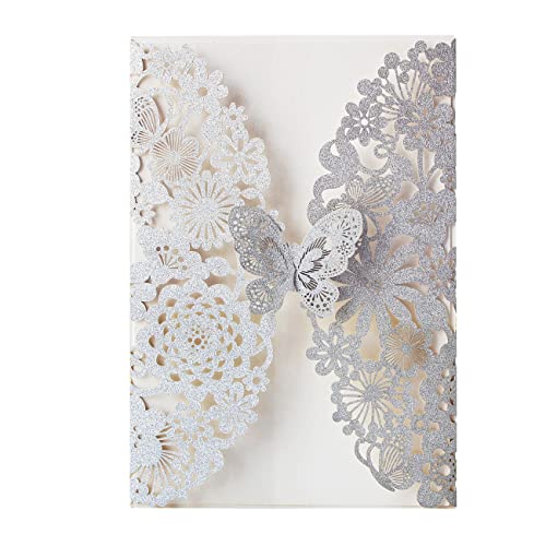 Hosmsua 5'' x 7.3'' 50PCS Silver Laser Cut Butterfly Quinceanera Invitation Cards Lace Flora Weddding Invitations with Envelopes for Quinceañera Wedding Bridal Shower Invite (Silver Glitter)