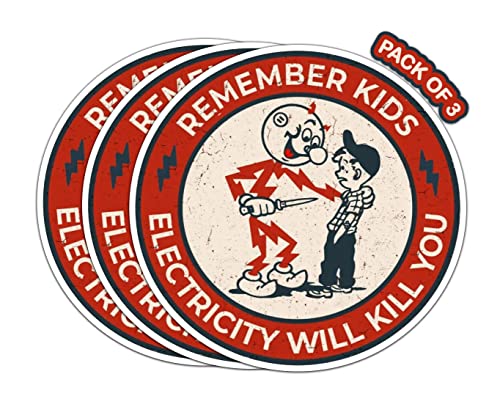 Imperial Vibes | Remember Kids Electricity Will Kill You Sticker Reddy Kilowatt Warning Caution Funny Stickers 3 Pack Decal for Electrician Hard Hat Laptop Water Bottle Car Helmet Packs, White, 3inch -Imp 10