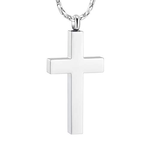 Imrsanl Crystal Cross Necklace for Ashes - Stainless Steel Keepsake Cremation Jewelry - Religious Cross Memorial Urn Necklace for Pet Human Ashes Pendant (Silver-1)