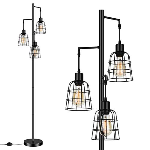 Industrial 3-Light Tree Floor Lamp with Cup-Shaped Cages Farmhouse Rustic Tall Standing Lamp for Living Room Vintage Elegant Black Pole Light with Edison E26 Base Metal Shade for Bedroom Office Hotel