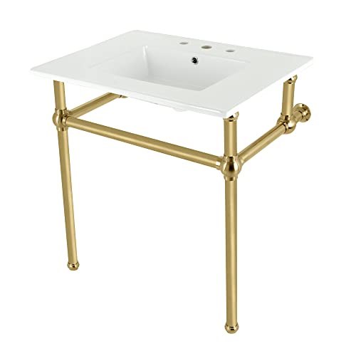 Kingston Brass KVBH31227W8B7 Addington 31" Console Sink Legs (8-Inch, 3 Hole), White/Brushed Brass