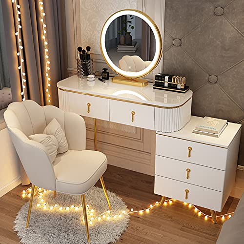 Large Vanity Table Set with Lighted Mirror, Makeup Vanity Dressing Table with Movable Bedside Table and Cushioned Stool, 3 Color Light Adjustable Brightness, Deal for Home Bedroom Decor ( Color : Whit