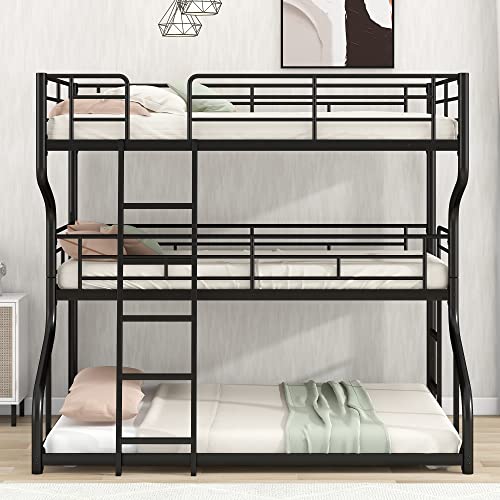 LCH Metal Triple Beds Full XL Over Twin XL Over Queen Size, 3 Bunk Bed Frame with Long and Short Ladder for 3, Heavy Duty Bunk Beds for Kids Teens Adult (Black)