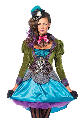 Leg Avenue 3 Piece Deluxe Mad Hatter Set-Sexy Velvet Coat Dress and Mini Top Hat Halloween Costume for Women, Multi, Large