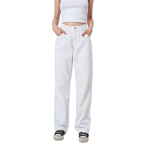 LONGBIDA Baggy Jeans for Women High Waisted Stretch Wide Leg Straight Denim Jeans(White,S)