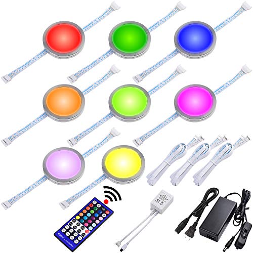 Lvyinyin RGBWW Curio Cabinet Display Light Kit, Under Above LED Pucks, Red Green Blue & True Warm White Color Changing, Remote Control Dimmer, Daisy Chain Linkable, 120V Hardwired & Plug-in, 8 Lights