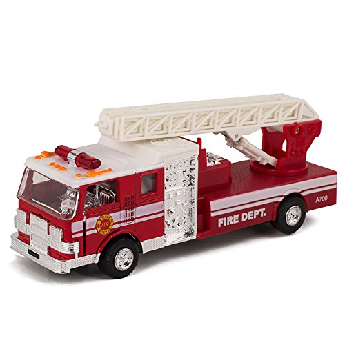 Master Toy Children's Collectible Die-Cast Metal Pull-Back Action & Sound Fire Engine Truck with Ladder, Red