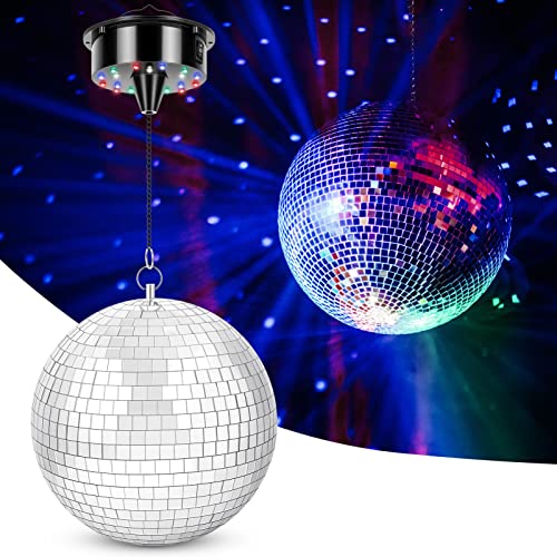 Meagoo Disco Ball with Motor and Light, 8" Hanging Mirror Ball and 6RPM Batteries Powered Rotating Motor with 4 Light Colors and 18 LEDs for Disco Party Decoration, DJ Club, Wedding, Birthday