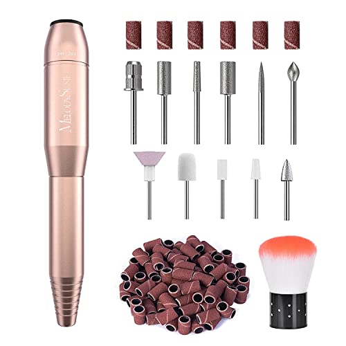 MelodySusie Electric Nail Drill Machine 11 in 1 Kit, Portable Electric Nail File Efile Set for Acrylic Gel Nails, Manicure Pedicure Tool with Nail Drill Bits Sanding Bands Dust Brush, Gold