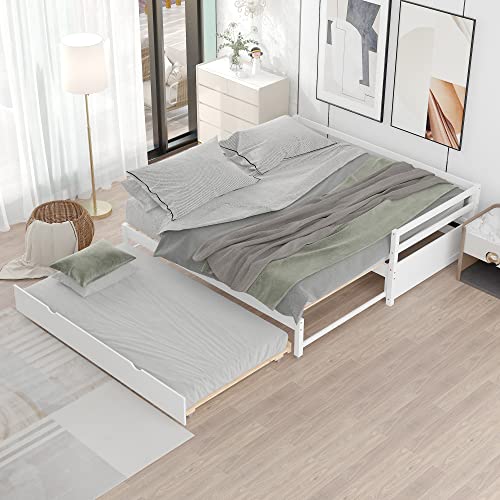 Merax Multifunctional Extending Daybed with Trundle Twin to King Wood Day Bed with Headboard No Box Spring Needed White