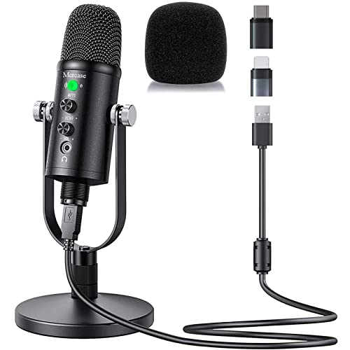 Mercase USB Microphone for Mac,PC,Phone Mic for Sing,ASMR,Podcast with Mute Button,Noise Cancelling,Headphone Output and Volume Control,Mic Gain Control for Vocal,YouTube Podcast on Mac and Windows