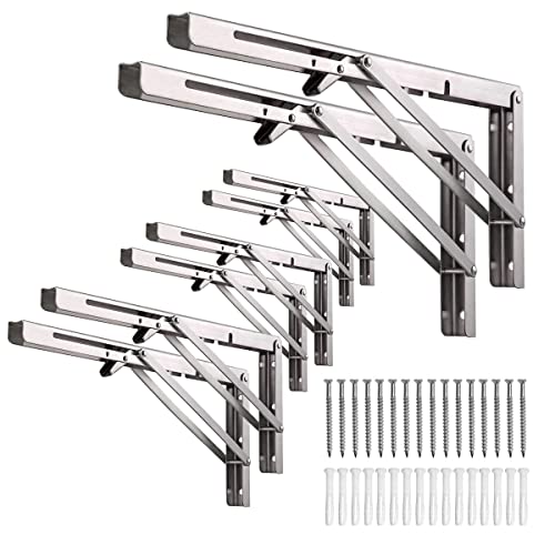 MINGT Folding Shelf Brackets - Heavy Duty Metal Collapsible Shelf Bracket for Bench Table, Shelf Hinge Wall Mounted Space Saving DIY Bracket (6-Inch, 8 pcs)