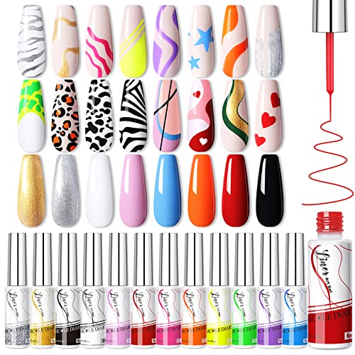 NICOLE DIARY Nail Art Gel Liner Set - 12 Colors Gel Paint Nail Art Polish for Swirl Nails, French Manicure, DIY Nail Art, Built-in Thin Brush, Gift for Women & Girls