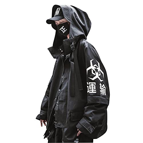 Niepce Inc Japanese Streetwear Zip Up Windbreaker Jacket for Men (Black2, L)