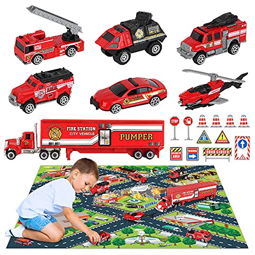 OENUX Diecast Fire Truck Emergency Rescue Vehicle Toy Set with Play Mat, Carrier Truck,Fire Helicopter, Ambulance, Ladder Truck, Alloy Metal Fire Fighting Car Play Set for Toddlers Kids Boys Girls