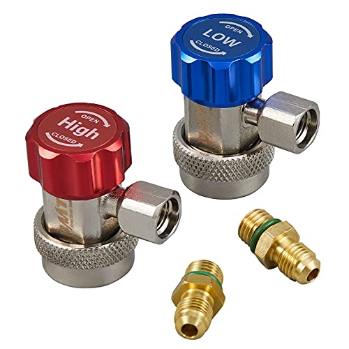 OMT R134a Quick Coupler Adapter, Adjustable R134a Adapters and AC Hose Fittings, HP and LP Connectors for R134a Car AC System Evacuation Recharging and More, 1/4" Flares, Set of 2