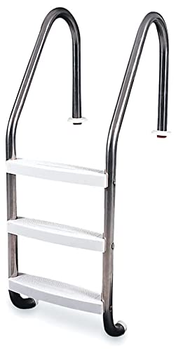 Poolzilla Three Tread Stainless Steel Pool Ladder Entry and Exit System for In-Ground Salt Water Swimming Pools, Non-Slip Plastic White Steps 250 Pound Capacity