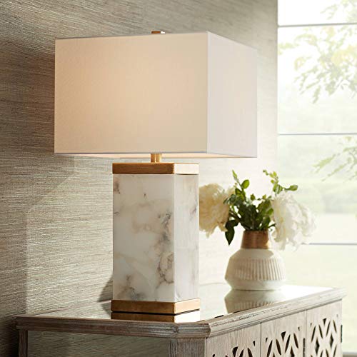 Possini Euro Design Mindy Modern Table Lamp 24 3/4" High with Nightlight White Gray Alabaster Gold Metal Rectangular Shade for Bedroom Living Room House Home Bedside Nightstand Office Kids Family