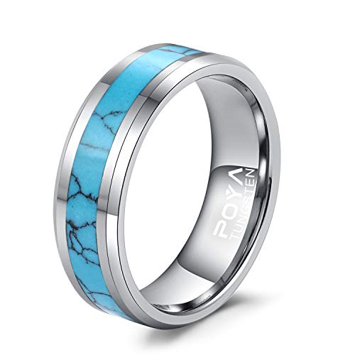 POYA 8mm Tungsten Wedding Band Turquoise Rings for Men Beveled Edges Comfort Fit(8.5)