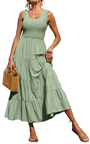 PRETTYGARDEN Women's Casual Loose Plain Maxi Sundress Smocked Tank Dress Sleeveless Summer Beach Tiered Long Dresses (Green,X-Large)