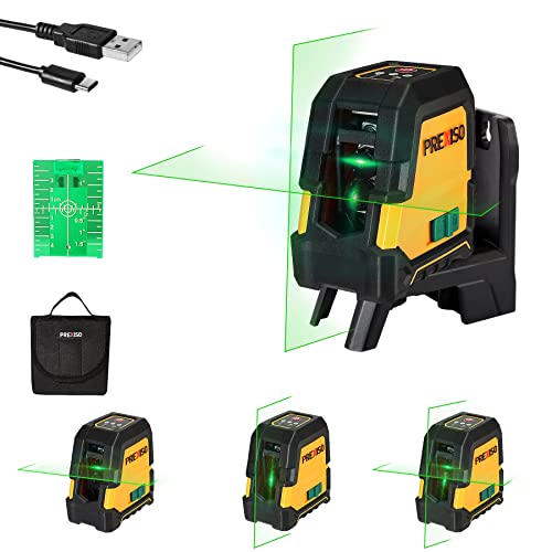 PREXISO Laser Level Self Leveling - 100Ft Rechargeable Cross Line Laser, Green Line leveler Tool for Construction, Floor Tile, Home Renovation with Magnetic Pivoting Base, Target Plate & Portable Bag