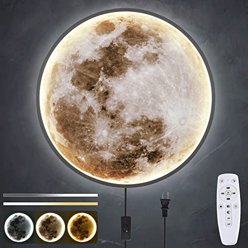PROLEE Dimmable Moon Wall Scone 20" Moon Lamp 24W Plug in LED Moon Light Remote Control Wall Mounted Moon Wall Decor (Moon)