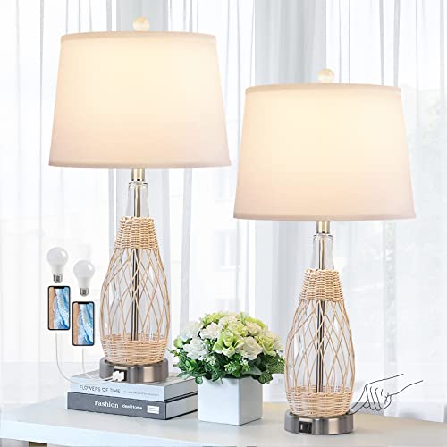 QiMH Glass Table Lamp for Bedroom Set of 2, 26.5" Coastal Rattan Bedside Lamps with 3-Way Dimmable Touch Control USB Ports White Fabric Shade Farmhouse Nightstand Lamp for Living Room(Bulbs Included)