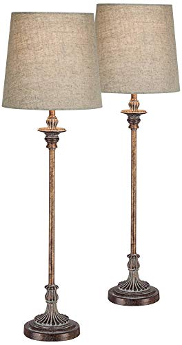 Regency Hill Bentley Traditional French Country Style Buffet Table Lamps 31.5" Tall Set of 2 Weathered Brown Ridged Linen Fabric Tapered Drum Shade Decor for Living Room House Home Dining