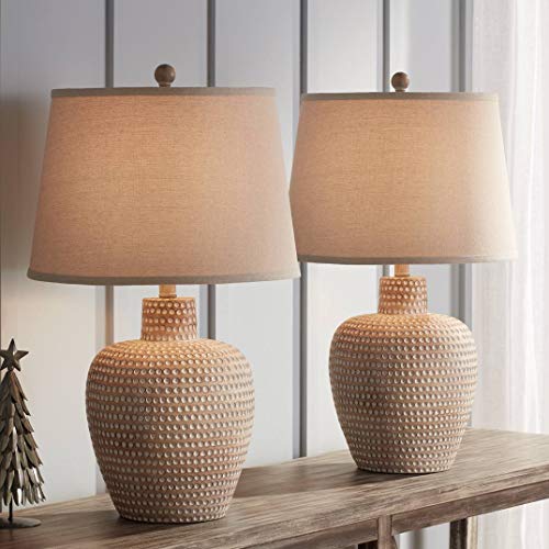 Regency Hill Glenn Rustic Southwestern Style Pot Table Lamps 27" Tall Set of 2 Dappled Sandy Beige Oatmeal Fabric Drum Shades for Living Room Bedroom House Bedside Nightstand Home Office