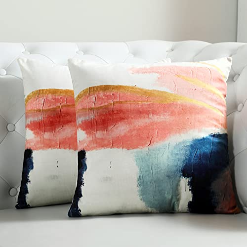 RoomTalks Blue and Pink Velvet Throw Pillow Covers Cases 18x18 Set of 2 Modern Abstract Art Painting Bed Sofa Couch Square Accent Decorative Cushion Pillow Cover for Living Room Bedroom Decor