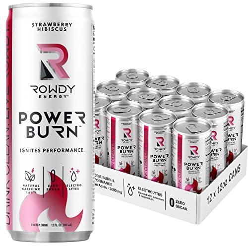 Rowdy Energy Drink Power Burn, Strawberry Hibiscus, Sugar Free, 12 Fl Oz – Fitness Performance & Recovery with Amino Acids, Electrolytes, 160mg Natural Caffeine, Keto Friendly (12 Pack)