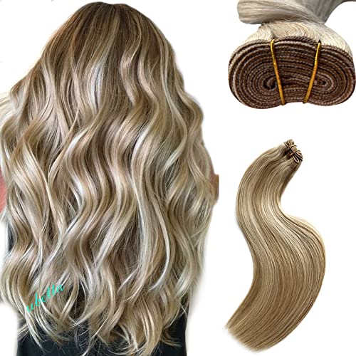 Sew in Hair Extensions Real Human Hair, 18 Inch 100G Weft Hair Extensions Human Hair, Balayage Ash Blonde to Blonde Highlights Hand Tied Weft Hair Extensions Human Hair Bundles Sew in Weft Extensions