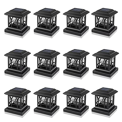 Solar Post Cap Light Outdoor Fits 3.6x3.6 4x4 4.5x4.5 5x5 Wooden Fence Deck Patio Garden, RGB & Warm White 2 Lighting Mode, 20 LM 1000mAh Battery IP65 Waterproof, ABS Shell Glass Lens, Black (12 Pack)