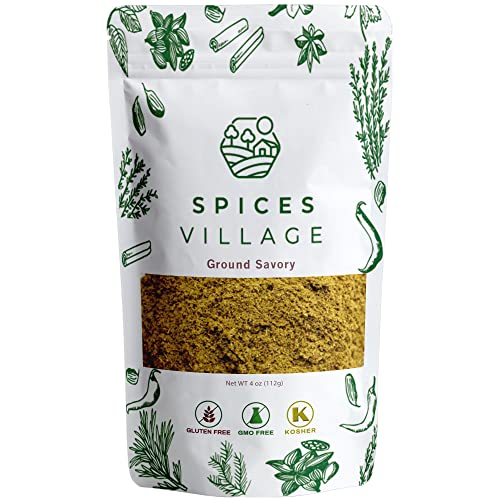 SPICES VILLAGE Ground Savory [ 4 oz ] Natural Ground Summer Savory Leaves for Cooking and Herbal Tea, Pure Mediterranean Seasoning - Kosher, Gluten Free, Vegan, Non GMO, Resealable Bulk Bag